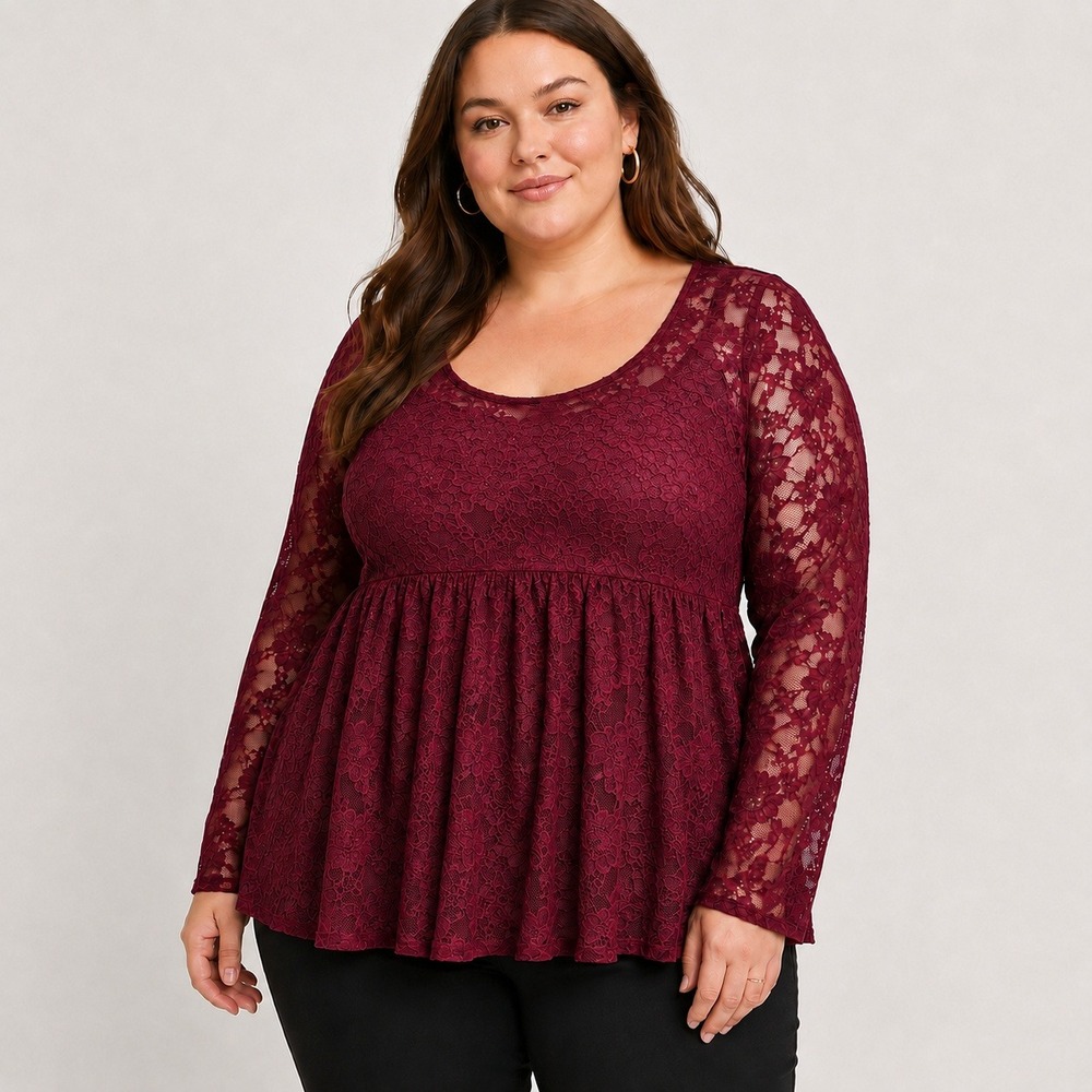 Torrid Lace Babydoll Peplum Burgundy Long Sleeve Empire Waist Floral Top Size 0